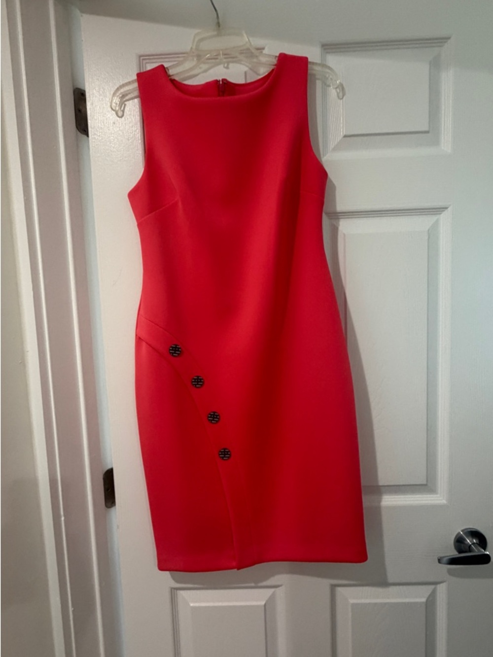 DKNY Vibrant Pink Sleeveless Sheath Dress with Decorative Buttons
